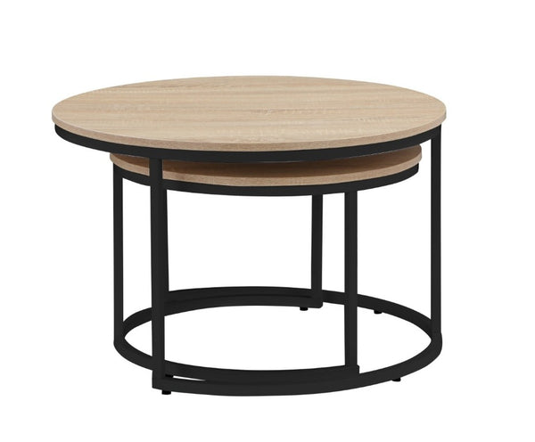 English Elm 31.5-Inch Round Nesting Tables Set of 2 Oak Wood Top Metal Frame Modern Living Room W3151P511400