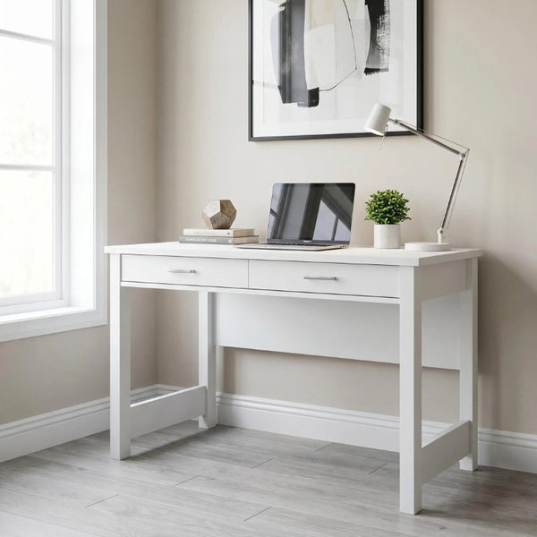 English Elm High Gloss White Lacquer Writing Desk with Two Drawers and Reinforced Tabletop W3151P511401