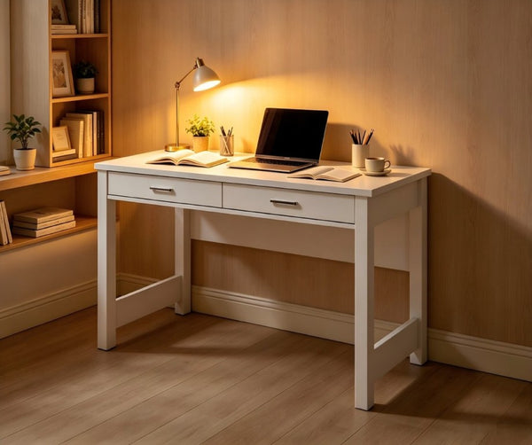 English Elm High Gloss White Lacquer Writing Desk with Two Drawers and Reinforced Tabletop W3151P511401