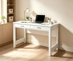 English Elm High Gloss White Lacquer Writing Desk with Two Drawers and Reinforced Tabletop W3151P511401
