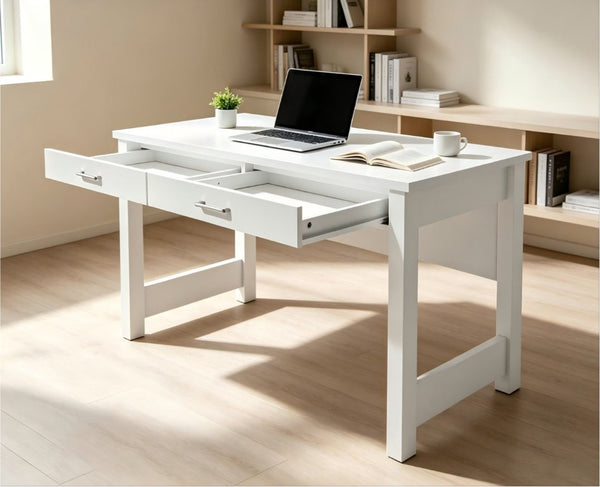 English Elm High Gloss White Lacquer Writing Desk with Two Drawers and Reinforced Tabletop W3151P511401