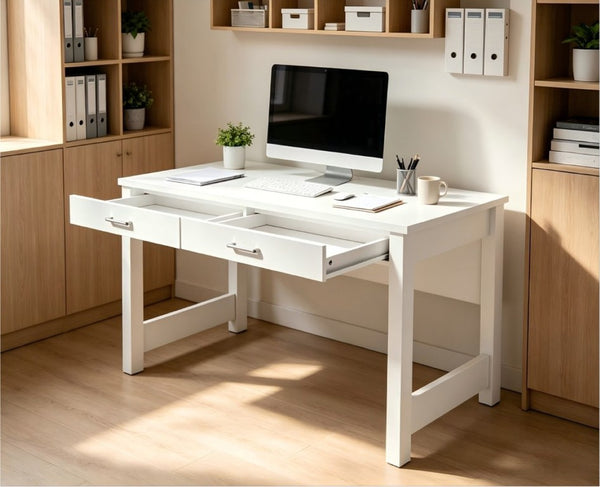English Elm High Gloss White Lacquer Writing Desk with Two Drawers and Reinforced Tabletop W3151P511401