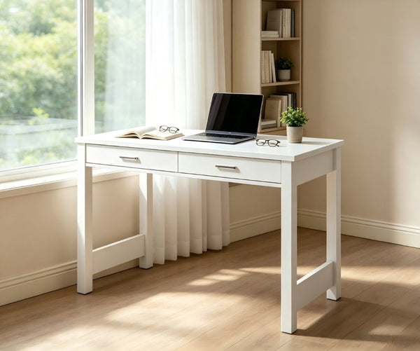 English Elm High Gloss White Lacquer Writing Desk with Two Drawers and Reinforced Tabletop W3151P511401