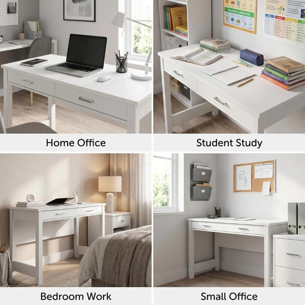 English Elm High Gloss White Lacquer Writing Desk with Two Drawers and Reinforced Tabletop W3151P511401
