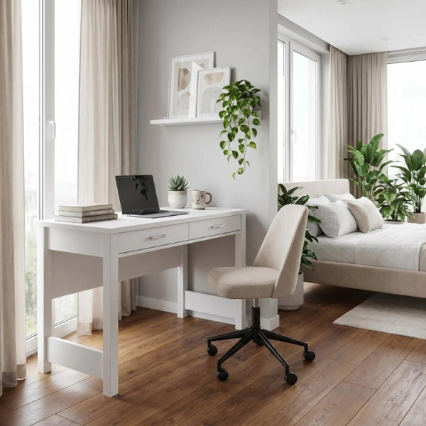 English Elm High Gloss White Lacquer Writing Desk with Two Drawers and Reinforced Tabletop W3151P511401