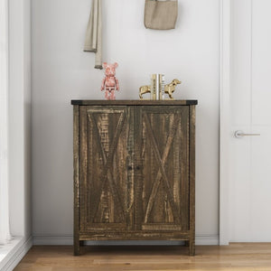 English Elm 31.5 Inch Vintage Black Farmhouse Shoe Cabinet Double Door Entryway Storage Holds 15 Pairs W3151P511677