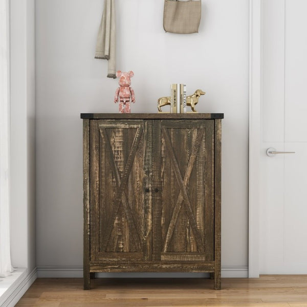 English Elm 31.5 Inch Vintage Black Farmhouse Shoe Cabinet Double Door Entryway Storage Holds 15 Pairs W3151P511677