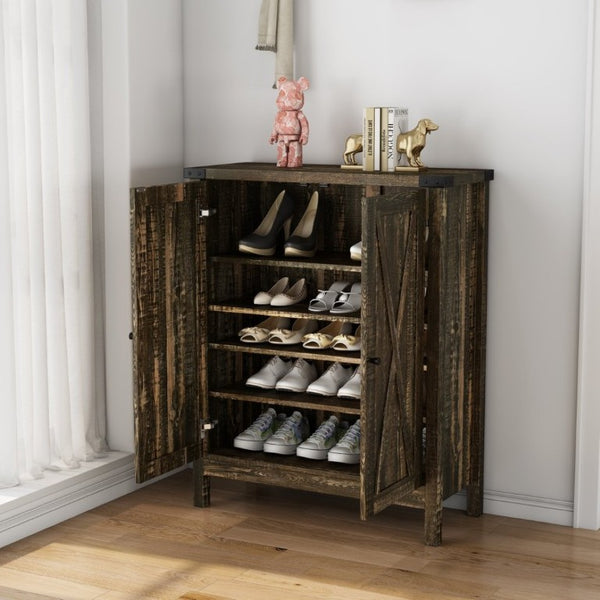 English Elm 31.5 Inch Vintage Black Farmhouse Shoe Cabinet Double Door Entryway Storage Holds 15 Pairs W3151P511677
