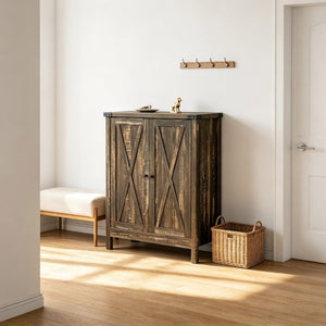 English Elm 31.5 Inch Vintage Black Farmhouse Shoe Cabinet Double Door Entryway Storage Holds 15 Pairs W3151P511677