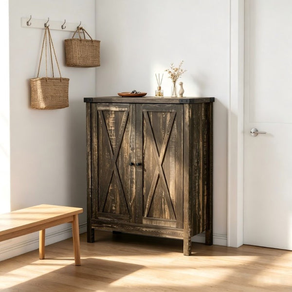 English Elm 31.5 Inch Vintage Black Farmhouse Shoe Cabinet Double Door Entryway Storage Holds 15 Pairs W3151P511677