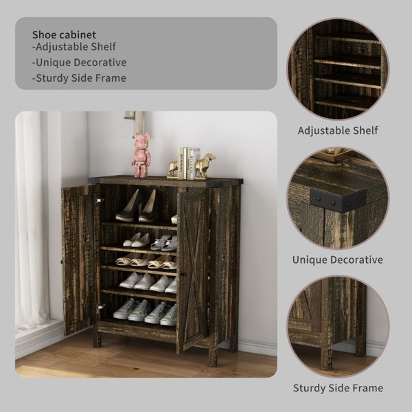 English Elm 31.5 Inch Vintage Black Farmhouse Shoe Cabinet Double Door Entryway Storage Holds 15 Pairs W3151P511677