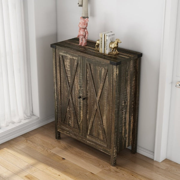 English Elm 31.5 Inch Vintage Black Farmhouse Shoe Cabinet Double Door Entryway Storage Holds 15 Pairs W3151P511677