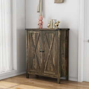 English Elm 31.5 Inch Vintage Black Farmhouse Shoe Cabinet Double Door Entryway Storage Holds 15 Pairs W3151P511677