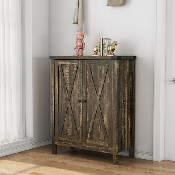English Elm 31.5 Inch Vintage Black Farmhouse Shoe Cabinet Double Door Entryway Storage Holds 15 Pairs W3151P511677