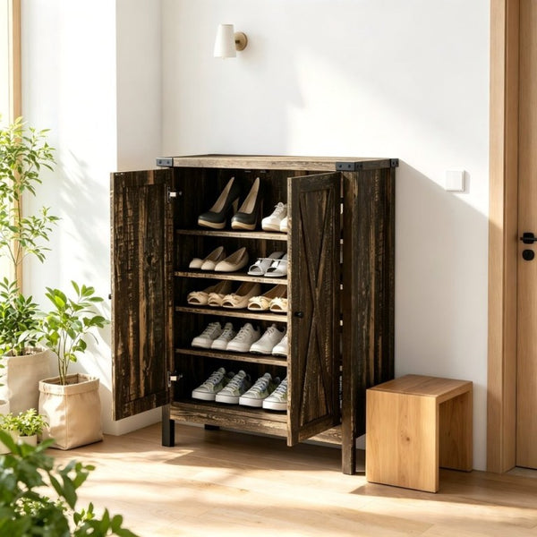 English Elm 31.5 Inch Vintage Black Farmhouse Shoe Cabinet Double Door Entryway Storage Holds 15 Pairs W3151P511677