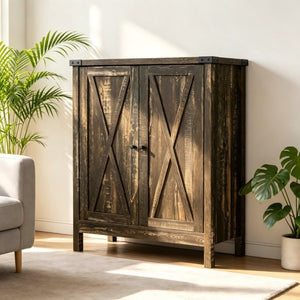 English Elm 31.5 Inch Vintage Black Farmhouse Shoe Cabinet Double Door Entryway Storage Holds 15 Pairs W3151P511677