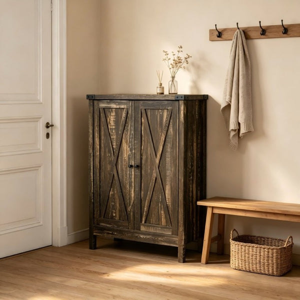 English Elm 31.5 Inch Vintage Black Farmhouse Shoe Cabinet Double Door Entryway Storage Holds 15 Pairs W3151P511677