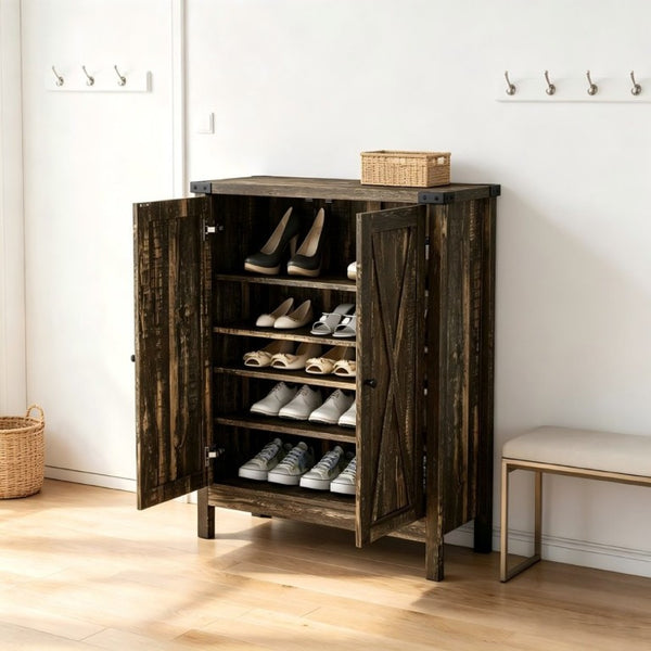 English Elm 31.5 Inch Vintage Black Farmhouse Shoe Cabinet Double Door Entryway Storage Holds 15 Pairs W3151P511677