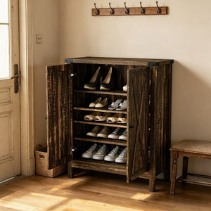 English Elm 31.5 Inch Vintage Black Farmhouse Shoe Cabinet Double Door Entryway Storage Holds 15 Pairs W3151P511677