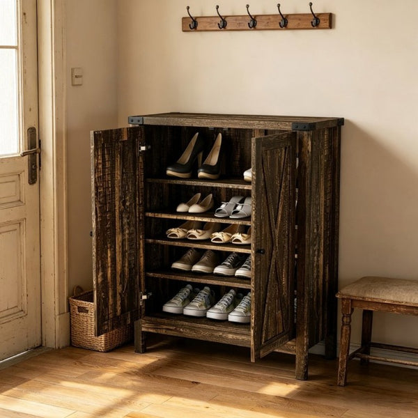 English Elm 31.5 Inch Vintage Black Farmhouse Shoe Cabinet Double Door Entryway Storage Holds 15 Pairs W3151P511677