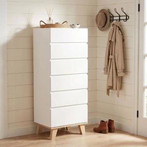 English Elm 6 Drawer Tall White Chest with Natural Wood Legs Push Open Minimalist Bedroom Storage W3151S00080