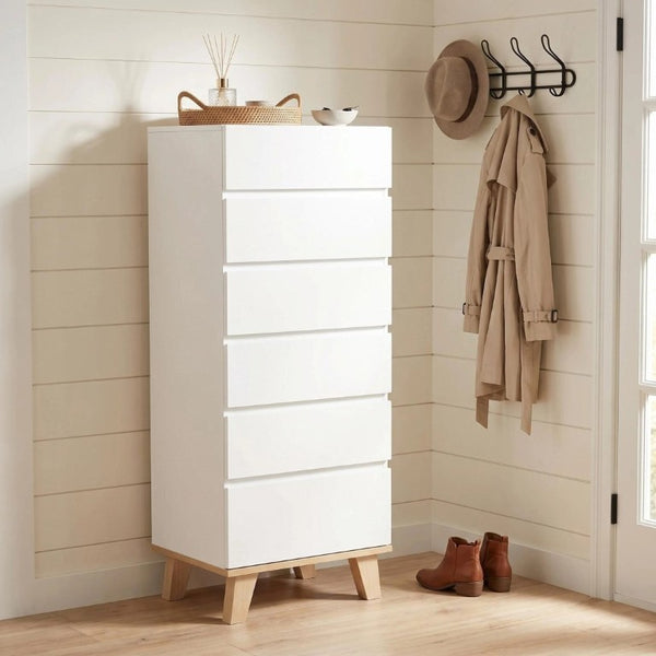 English Elm 6 Drawer Tall White Chest with Natural Wood Legs Push Open Minimalist Bedroom Storage W3151S00080
