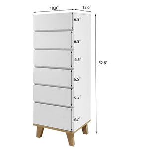 English Elm 6 Drawer Tall White Chest with Natural Wood Legs Push Open Minimalist Bedroom Storage W3151S00080