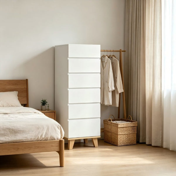 English Elm 6 Drawer Tall White Chest with Natural Wood Legs Push Open Minimalist Bedroom Storage W3151S00080