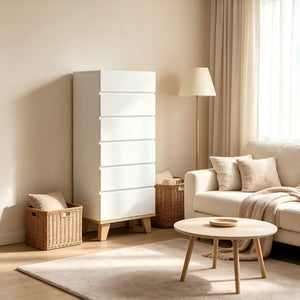 English Elm 6 Drawer Tall White Chest with Natural Wood Legs Push Open Minimalist Bedroom Storage W3151S00080