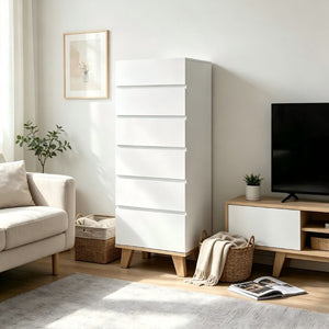 English Elm 6 Drawer Tall White Chest with Natural Wood Legs Push Open Minimalist Bedroom Storage W3151S00080