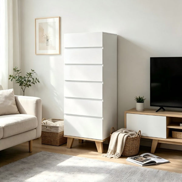English Elm 6 Drawer Tall White Chest with Natural Wood Legs Push Open Minimalist Bedroom Storage W3151S00080
