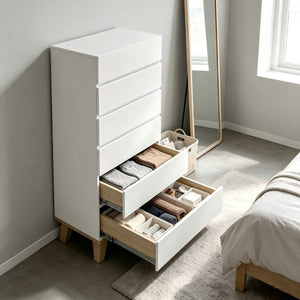 English Elm 6 Drawer Tall White Chest with Natural Wood Legs Push Open Minimalist Bedroom Storage W3151S00080