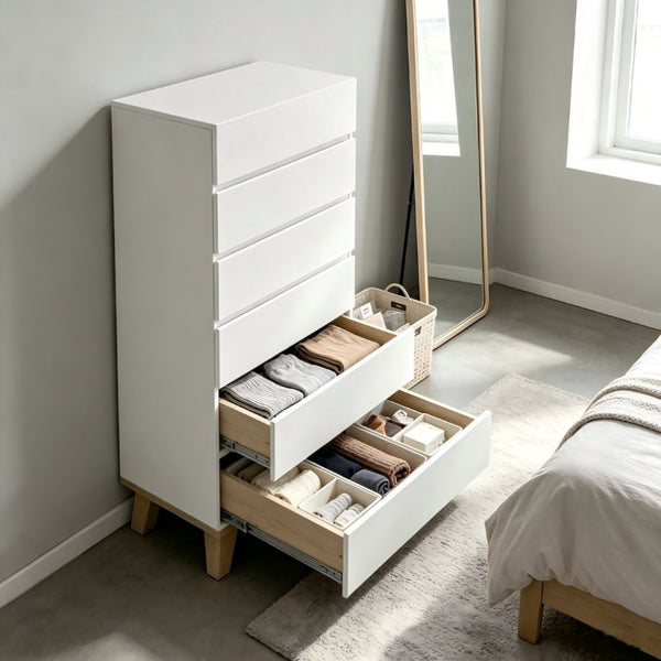English Elm 6 Drawer Tall White Chest with Natural Wood Legs Push Open Minimalist Bedroom Storage W3151S00080