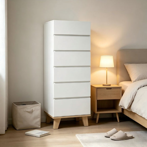 English Elm 6 Drawer Tall White Chest with Natural Wood Legs Push Open Minimalist Bedroom Storage W3151S00080