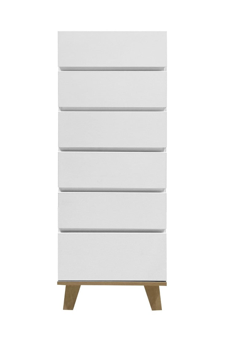 English Elm 6 Drawer Tall White Chest with Natural Wood Legs Push Open Minimalist Bedroom Storage W3151S00080