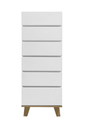 English Elm 6 Drawer Tall White Chest with Natural Wood Legs Push Open Minimalist Bedroom Storage W3151S00080