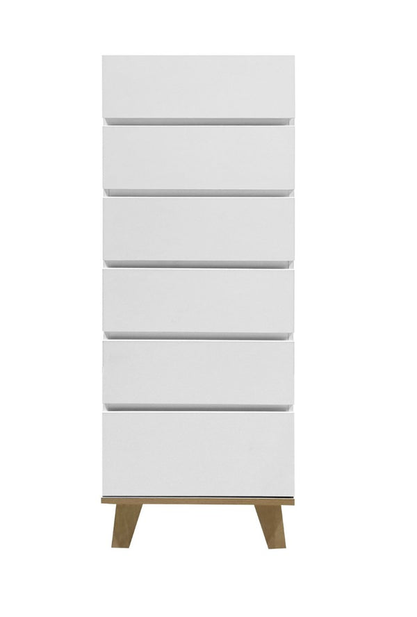 English Elm 6 Drawer Tall White Chest with Natural Wood Legs Push Open Minimalist Bedroom Storage W3151S00080