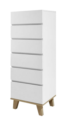 English Elm 6 Drawer Tall White Chest with Natural Wood Legs Push Open Minimalist Bedroom Storage W3151S00080