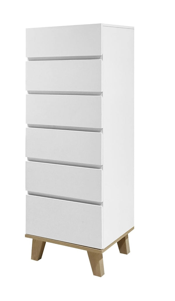 English Elm 6 Drawer Tall White Chest with Natural Wood Legs Push Open Minimalist Bedroom Storage W3151S00080