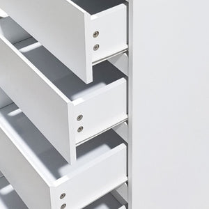 English Elm 6 Drawer Tall White Chest with Natural Wood Legs Push Open Minimalist Bedroom Storage W3151S00080