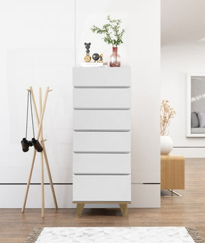 English Elm 6 Drawer Tall White Chest with Natural Wood Legs Push Open Minimalist Bedroom Storage W3151S00080