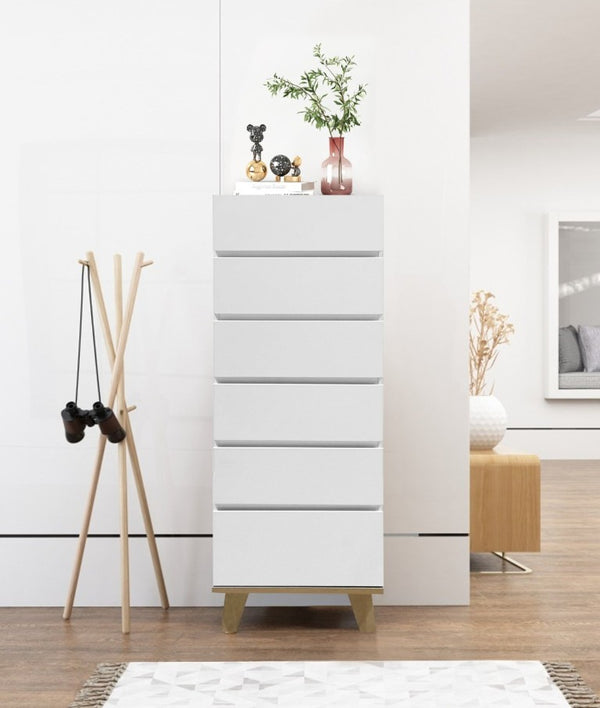English Elm 6 Drawer Tall White Chest with Natural Wood Legs Push Open Minimalist Bedroom Storage W3151S00080