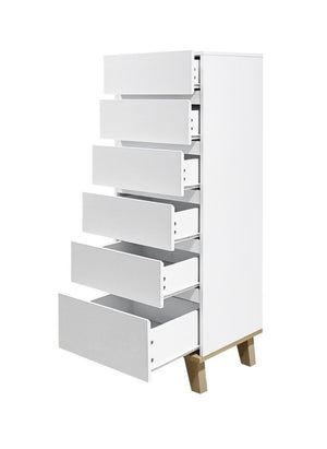 English Elm 6 Drawer Tall White Chest with Natural Wood Legs Push Open Minimalist Bedroom Storage W3151S00080