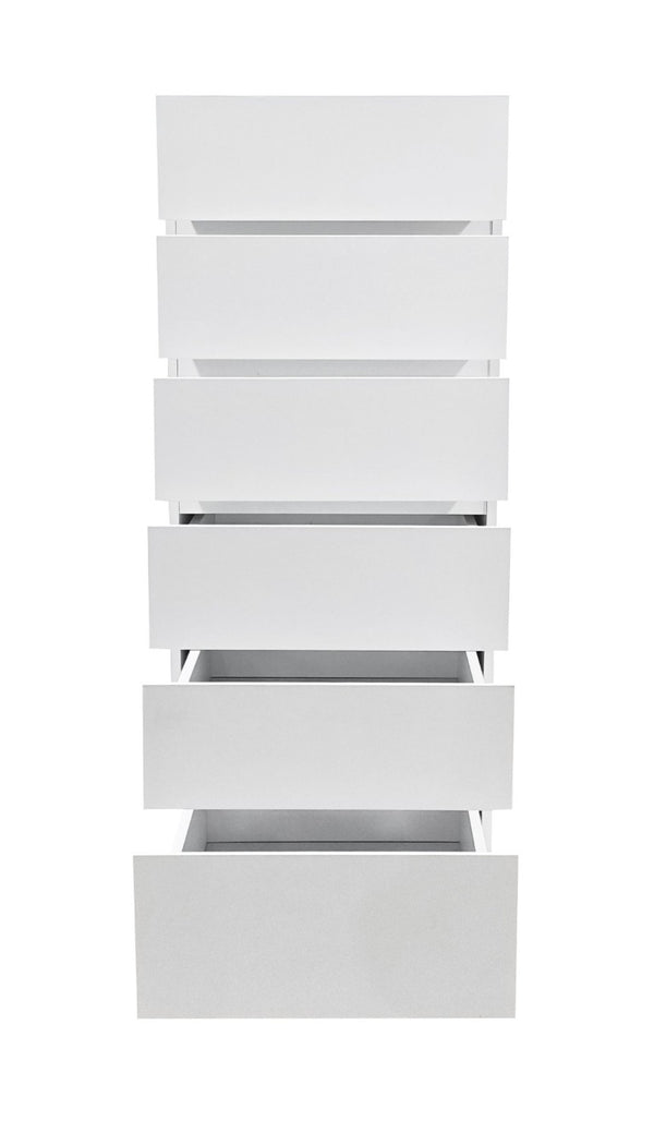 English Elm 6 Drawer Tall White Chest with Natural Wood Legs Push Open Minimalist Bedroom Storage W3151S00080
