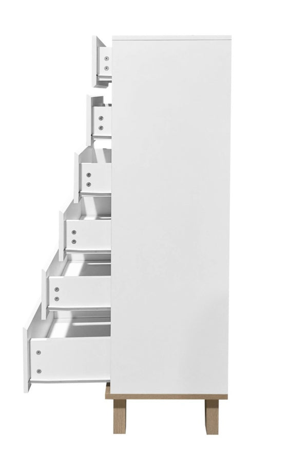 English Elm 6 Drawer Tall White Chest with Natural Wood Legs Push Open Minimalist Bedroom Storage W3151S00080