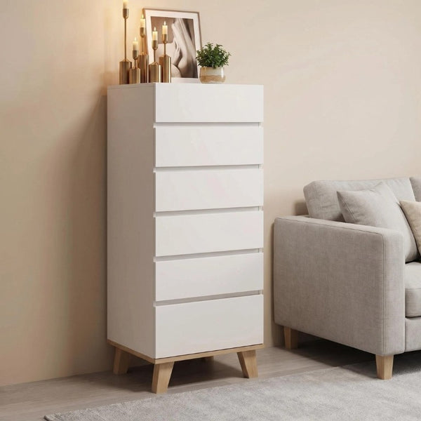 English Elm 6 Drawer Tall White Chest with Natural Wood Legs Push Open Minimalist Bedroom Storage W3151S00080