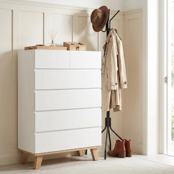English Elm 4+2 Drawer White Dresser with Natural Wood Legs Handle Free Modern Bedroom Storage W3151S00081
