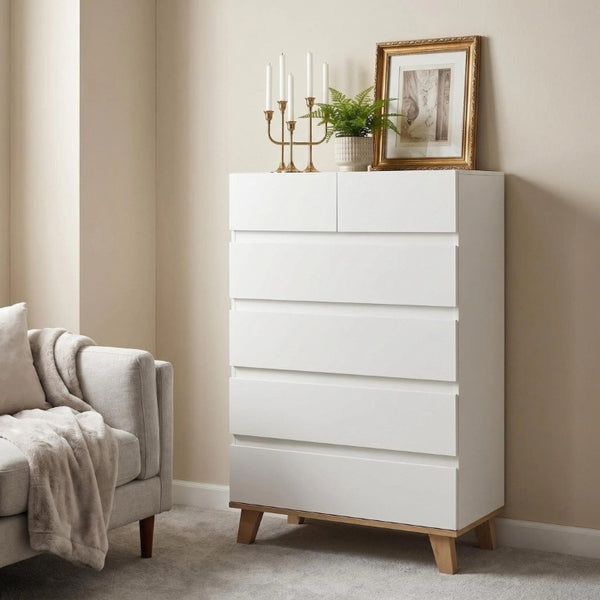 English Elm 4+2 Drawer White Dresser with Natural Wood Legs Handle Free Modern Bedroom Storage W3151S00081