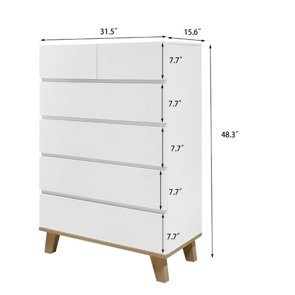 English Elm 4+2 Drawer White Dresser with Natural Wood Legs Handle Free Modern Bedroom Storage W3151S00081