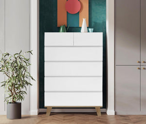 English Elm 4+2 Drawer White Dresser with Natural Wood Legs Handle Free Modern Bedroom Storage W3151S00081